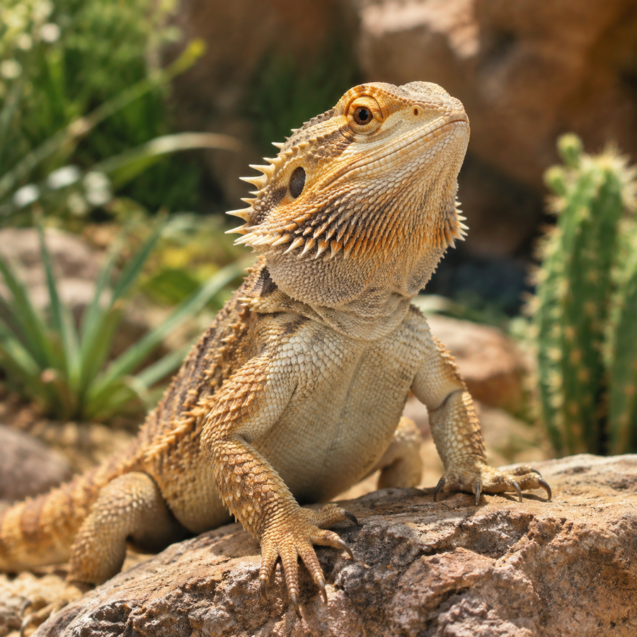 Bearded Dragon basking on a rock under a UVB lamp in a desert vivarium, with an RT01 smart reptile controller managing temperature, UVB and airflow.