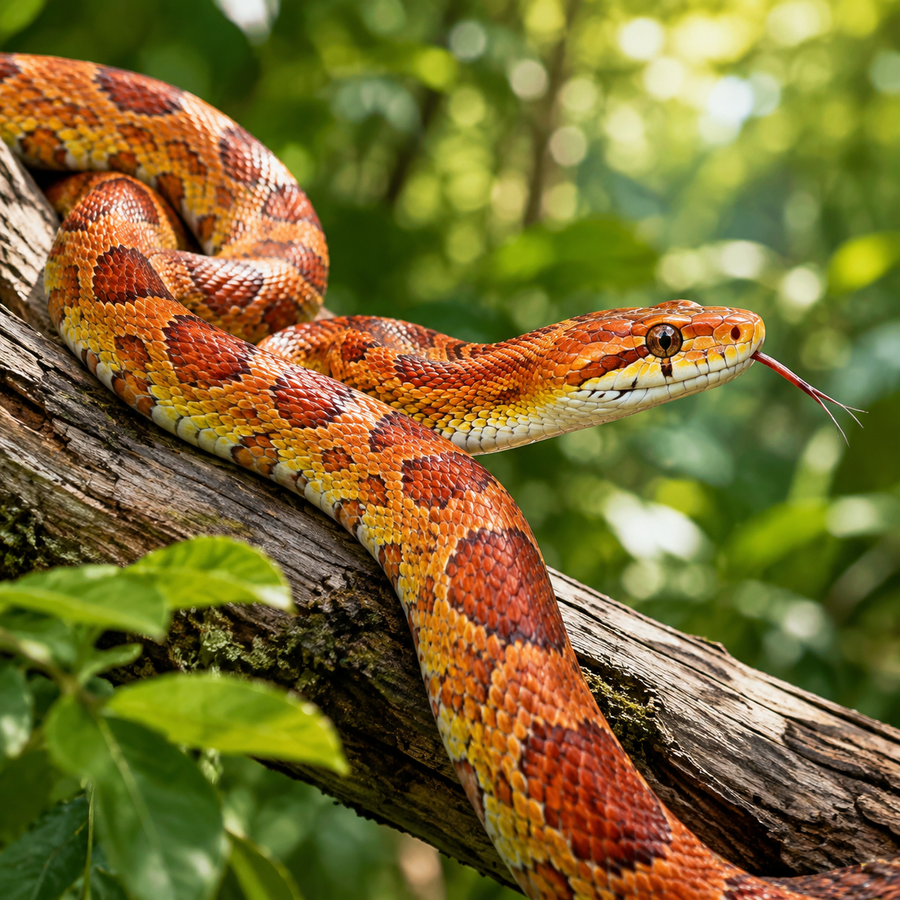 Corn Snake on a branch in a woodland vivarium, with an RT01 smart controller regulating heat, lighting and humidity.