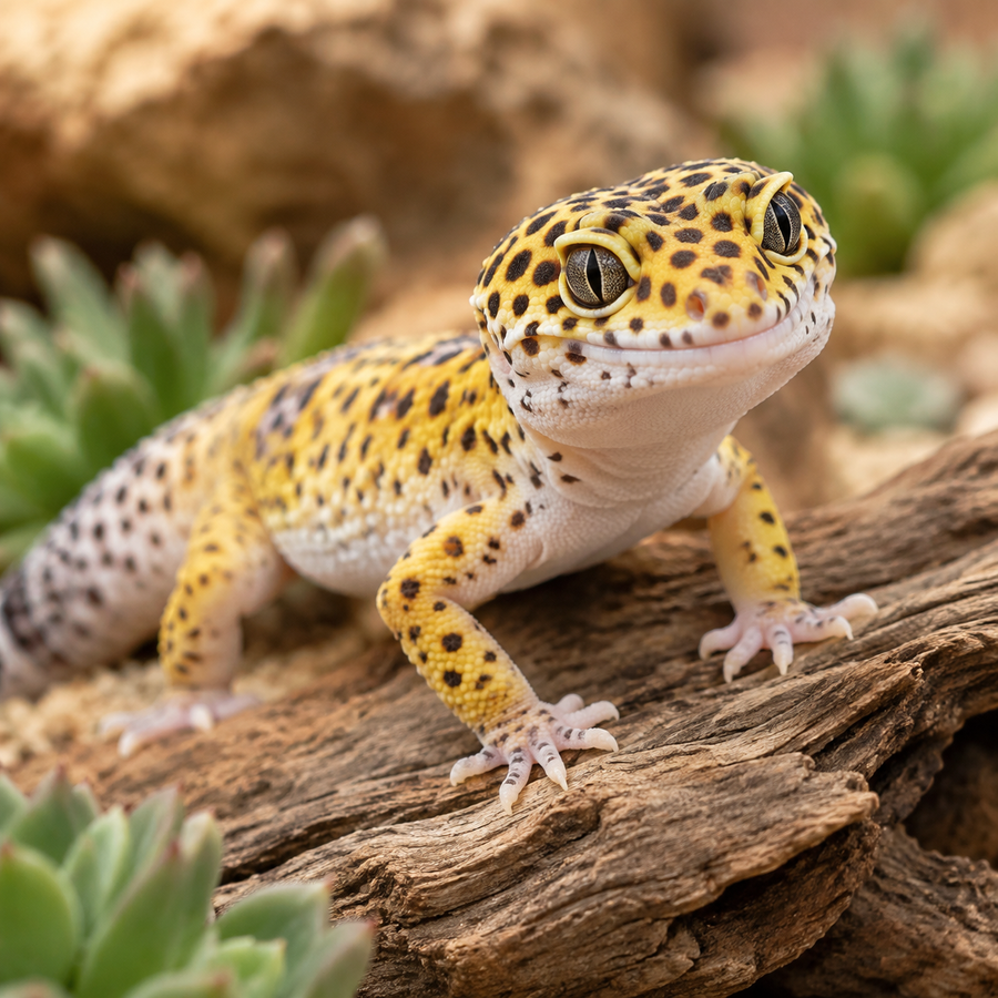 Leopard Gecko on driftwood in an arid vivarium, with an RT01 smart reptile controller regulating heat mat temperature and humidity.
