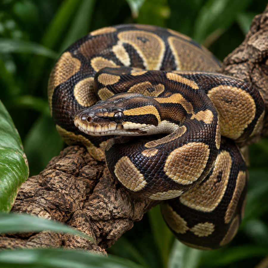 Royal Python coiled on cork bark in a planted vivarium, with an RT01 smart reptile controller monitoring temperature and humidity.